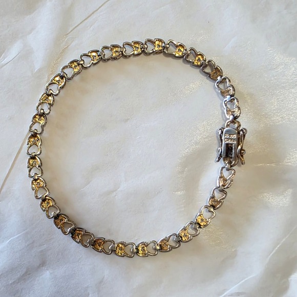 925 Sterling Silver Heart Link Tennis Bracelet Gold Accent - Picture 1 of 8